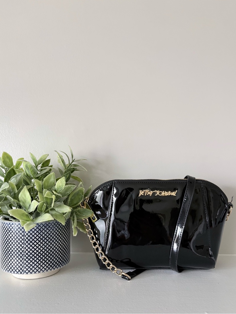 BETSEY JOHNSON Xoanaya Black Patent Leather Crossbody with Gold Hardware